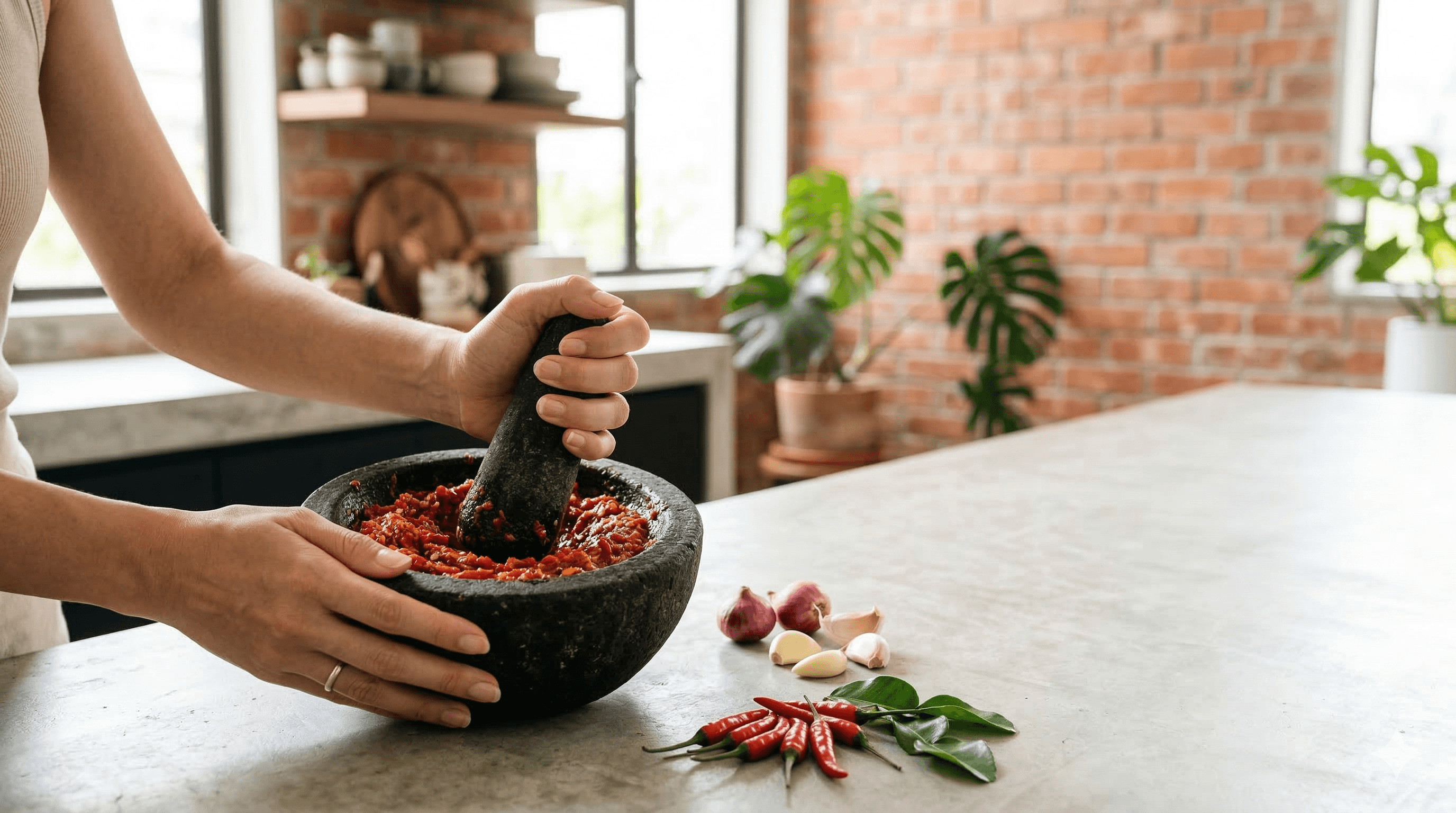 Traditional sambal being pounded by hand in a modern Malaysian home kitchen